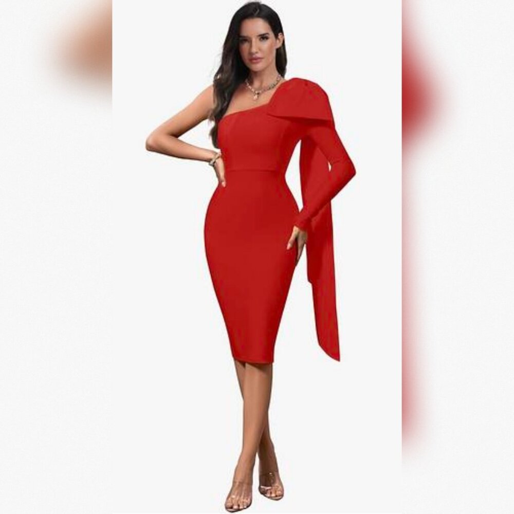 Red One-Shoulder Bodycon Bandage Dress w/ Ruffle Long Sleeve & Tie